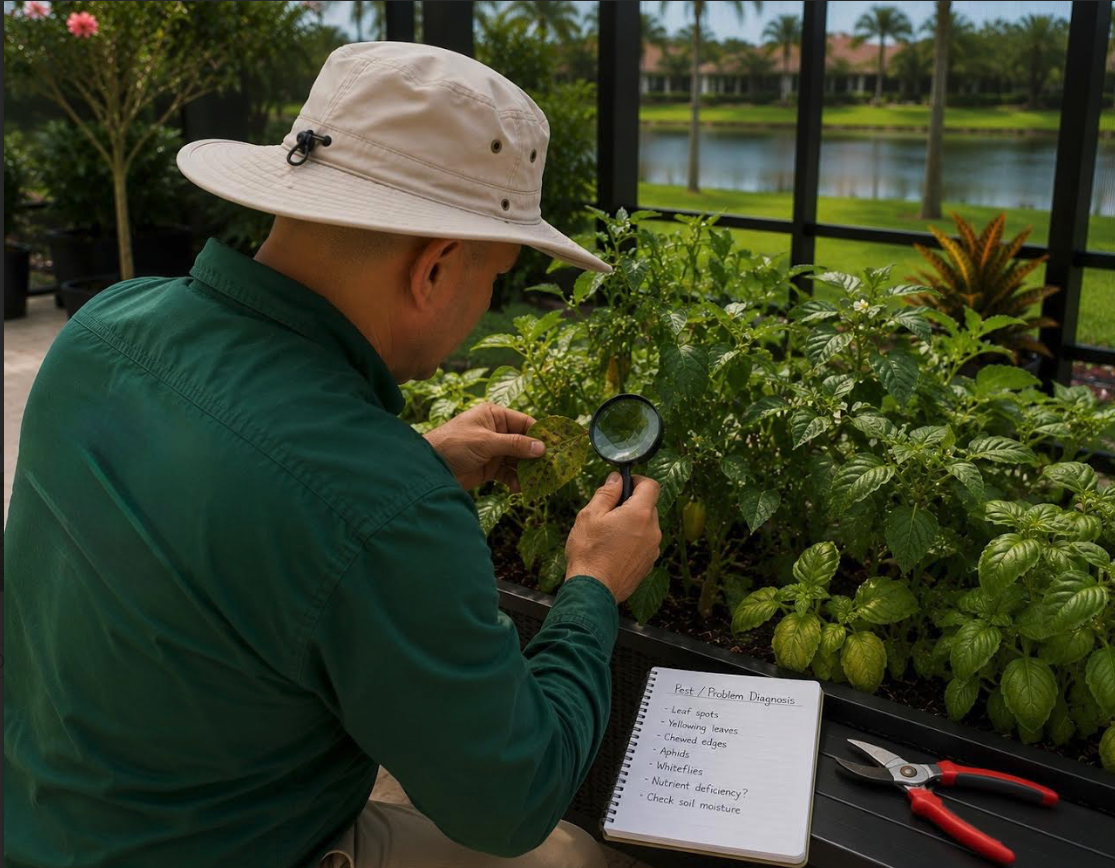 Garden specialist using a magnifying glass to diagnose plant pests and problems.