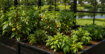 Raised garden beds with vegetables and herbs.