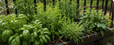 Fresh herbs growing in a container garden.