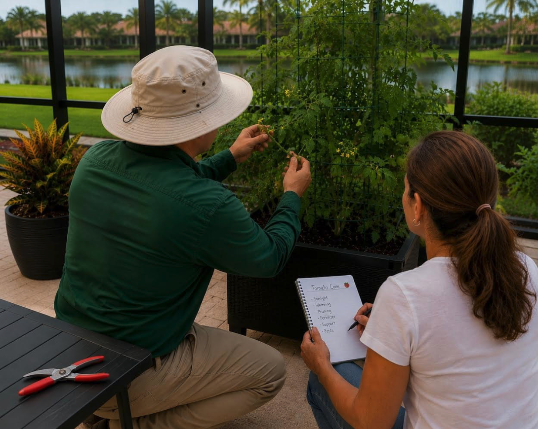 Garden coach teaching a homeowner about tomato care.