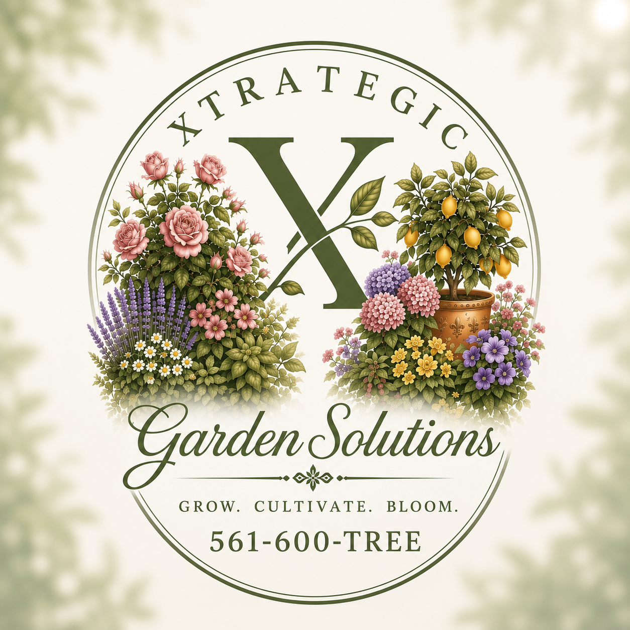 Xtrategic Garden Solutions logo artwork featuring flowers and citrus