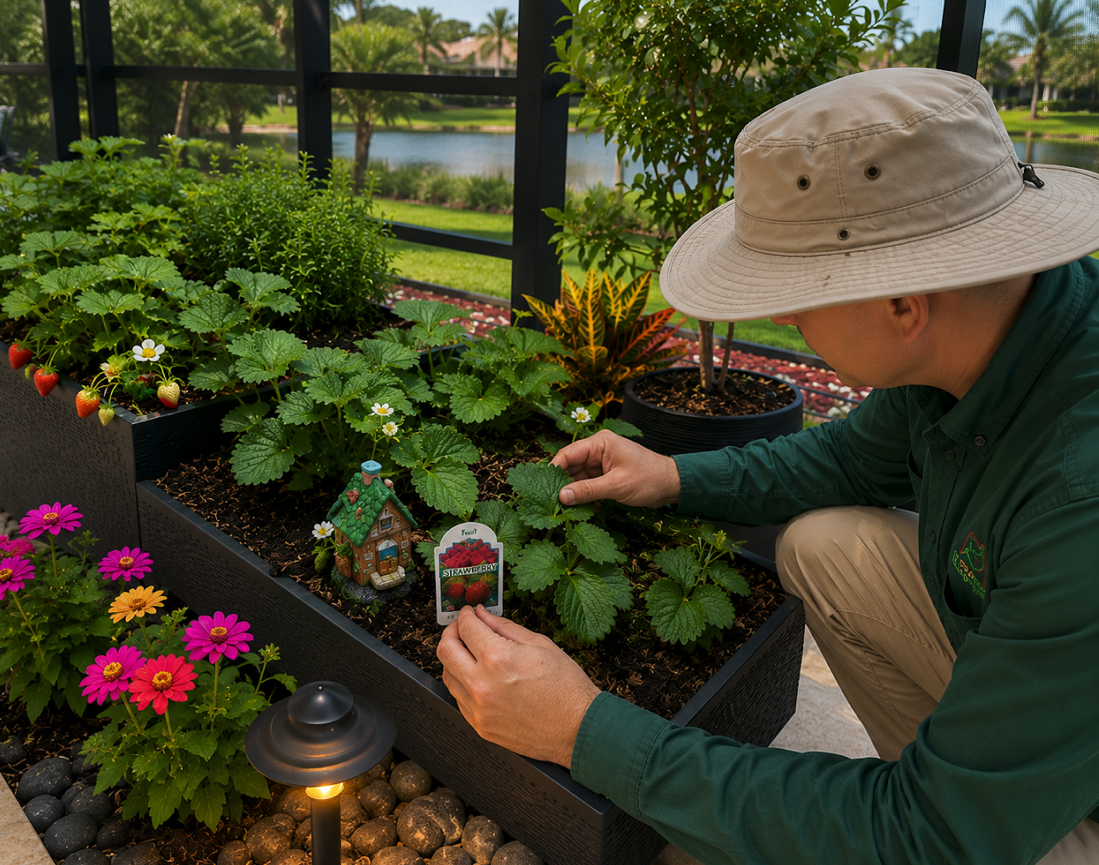Garden consultant inspecting strawberry plants in a raised bed.