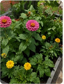 Pink zinnia flowers blooming in planter.