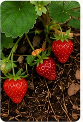 Red ripening strawberries on plant.