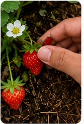 Hand picking a ripe red strawberry.