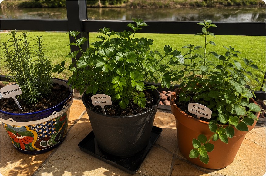 Pots of rosemary, Italian parsley, and Cuban oregano on a patio.